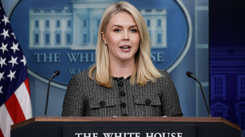 Karoline Leavitt addresses reporters at a White House press briefing in April 2025