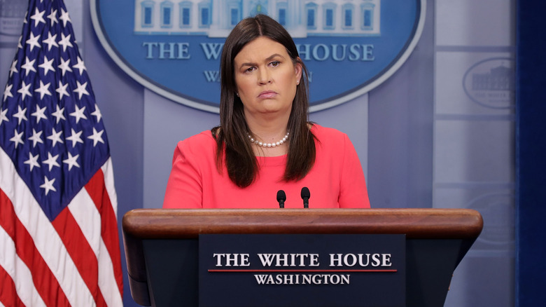 Sarah Huckabee Sanders addresses reporters at a White House press briefing in May 2018