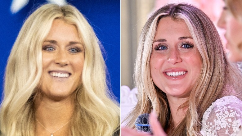 Split image of Riley Gaines from 2022 and Riley Gaines from 2025.