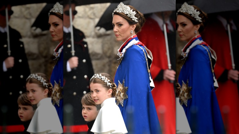 Princess Charlotte walks next to her mom, Kate Middleton, and brother, Prince Louis