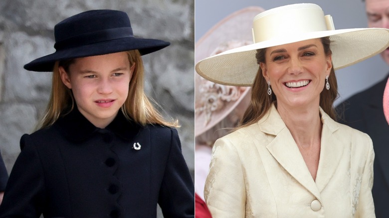 Side-by-side photos of Princess Charlotte and Kate Middleton both wearing hats