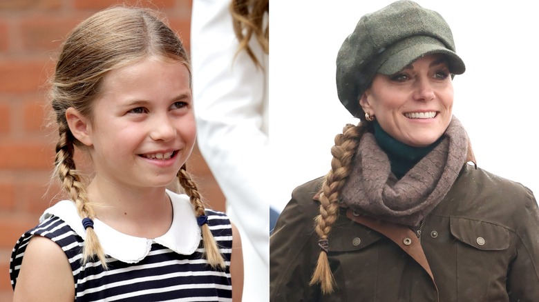 Side-by-side photos of Princess Charlotte and Kate Middleton with braids in their hair