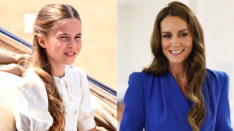 Side-by-side photos of Princess Charlotte and Kate Middleton rocking long curls