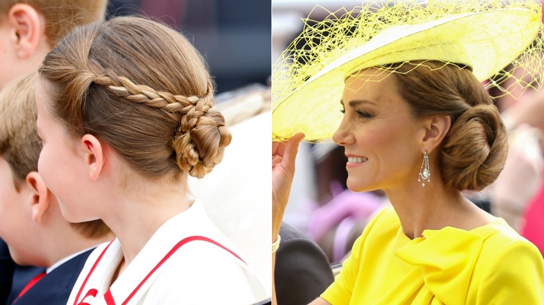 Side-by-side photos of Princess Charlotte and Kate Middleton with matching updos