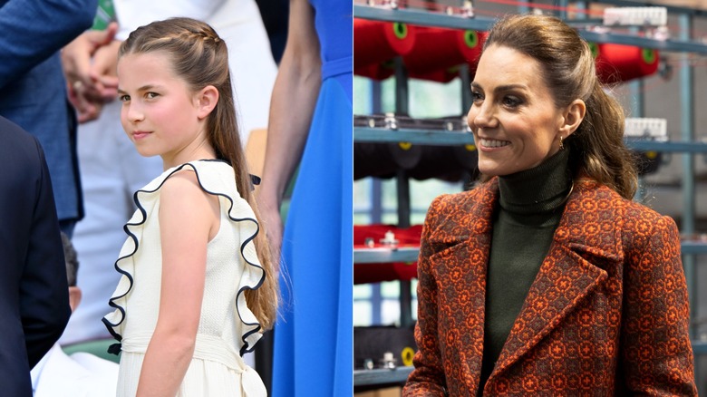 Side-by-side photos of Princess Charlotte and Kate Middleton with similar hairstyles