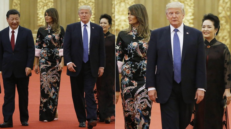 Split image of Melania Trump wearing a long black floral dress while walking with China's President Xi Jinping, President Donald Trump, and China's First Lady Peng Liyuan & a close-up of Melania, Donald, and Peng