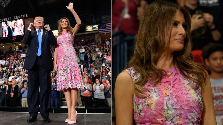 Split image of Melania Trump wearing a pink floral dress while waving on a campaign rally stage next to Donald Trump & a close-up of Melania Trump in the same pink dress