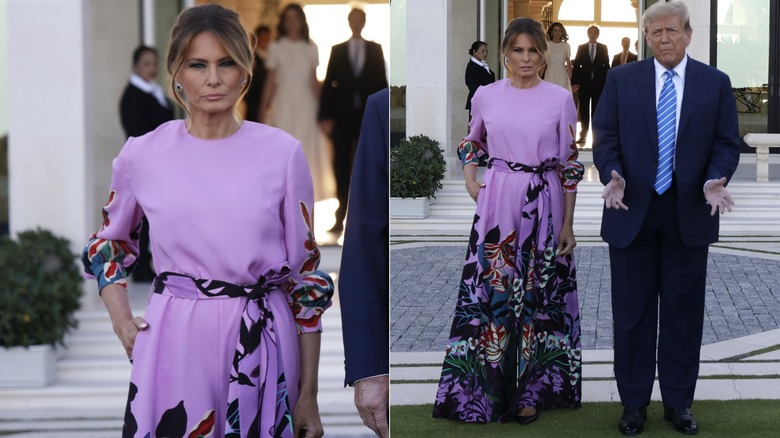 Split image of Melania Trump in a purple floral jumpsuit (close-up) & Melania Trump in the purple floral jumpsuit next to Donald Trump in a suit and blue tie
