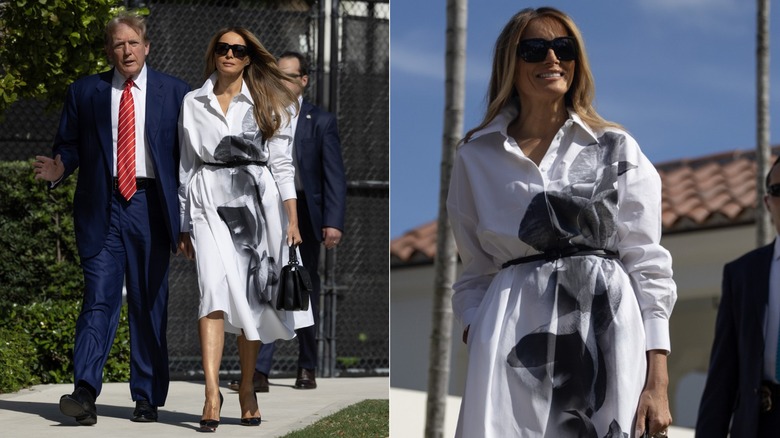 Split image of Melania Trump wearing a black and white floral dress while walking with Donald Trump & Melania Trump smiling in the same dress