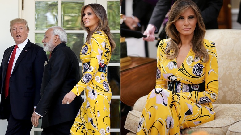 Split image of Melania Trump smiling while wearing a yellow floral dress next to Donald Trump & Melania Trump sitting in the same dress