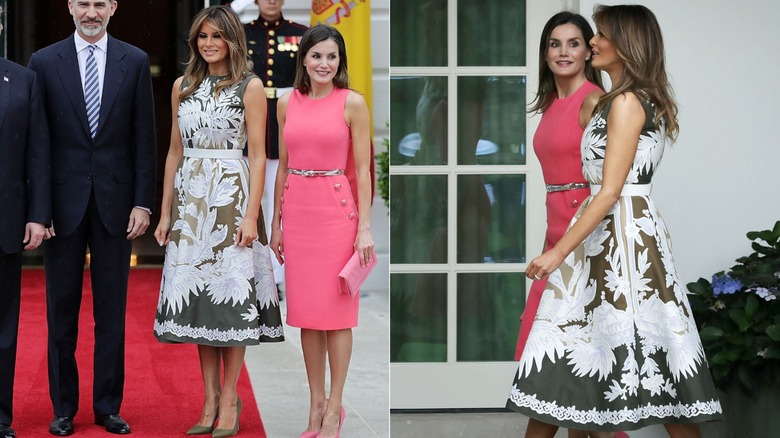Split image of Melania Trump smiling in a floral-themed gown next to King Felipe VI and Queen Letizia of Spain & Melania Trump walking with Queen Letizia