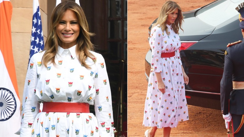 Split image of Melania Trump smiling in a white floral dress & Melania Trump walking in the same white floral dress on a trip to India