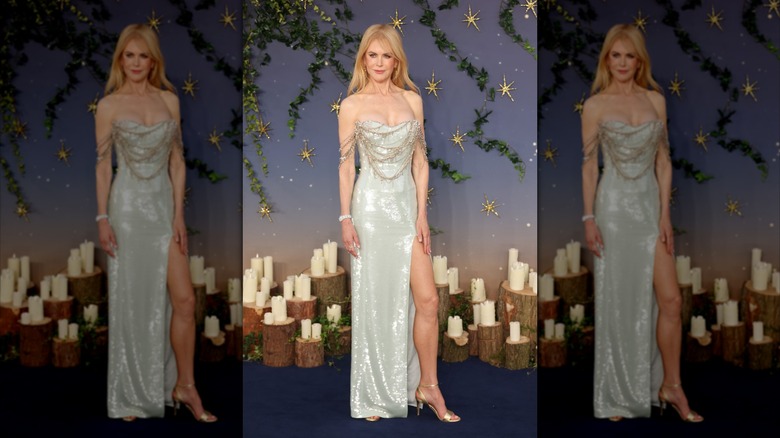 Nicole Kidman poses in a floor-length sparkly gown with a thigh-high slit