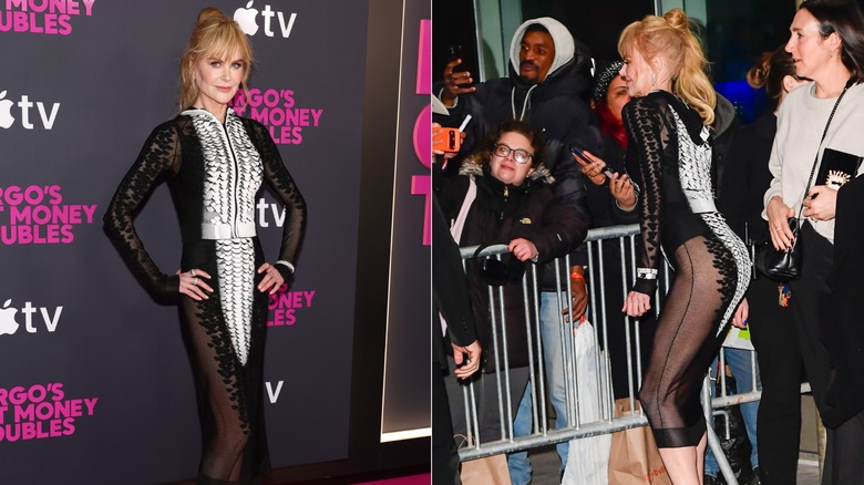 Two pictures of Nicole Kidman in a sheer black and white dress