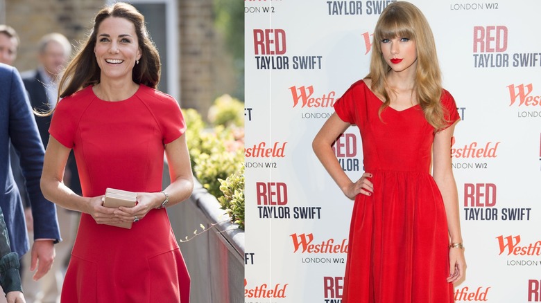 Split image of Kate Middleton and Taylor Swift wearing red
