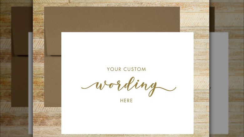 "your custom wording here" example card in gold lettering