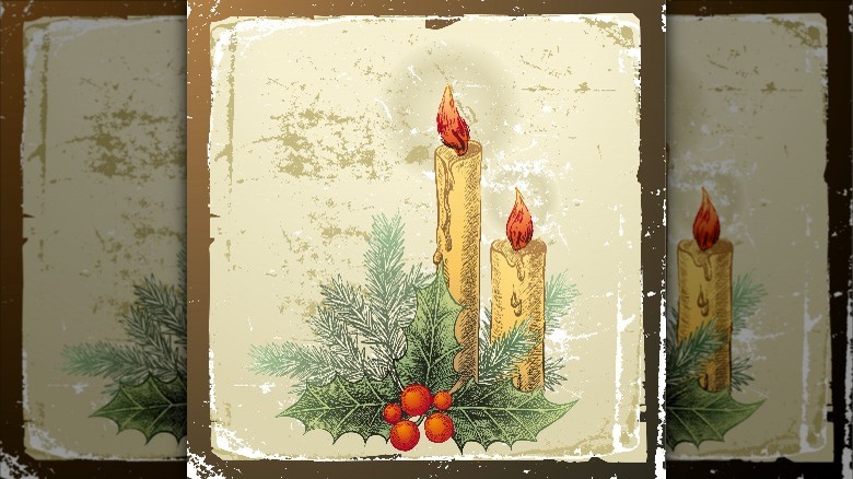 hand drawn candles and holly on vintage card 
