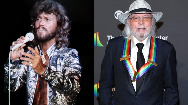 Barry Gibb in silver jacket holding mic and Barry Gibb with gray hair wearing hat with black suit and tie