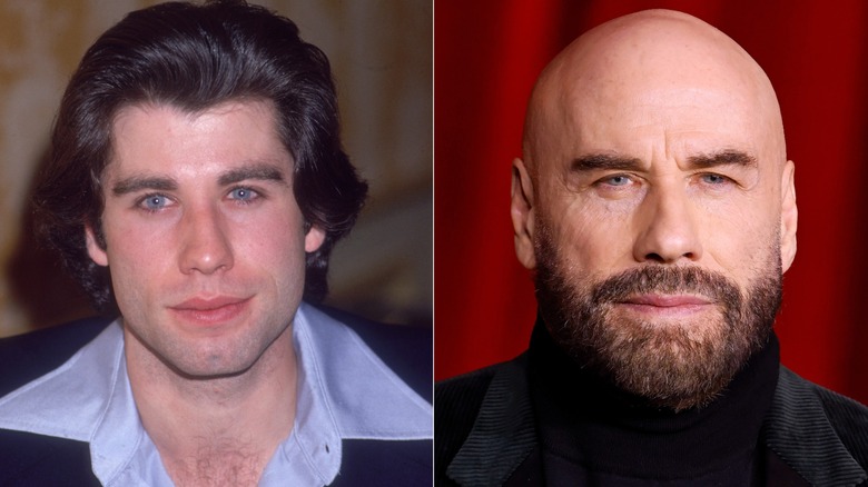 John Travolta with dark hair in purple shirt and John Travolta bald with beard  in black turtleneck