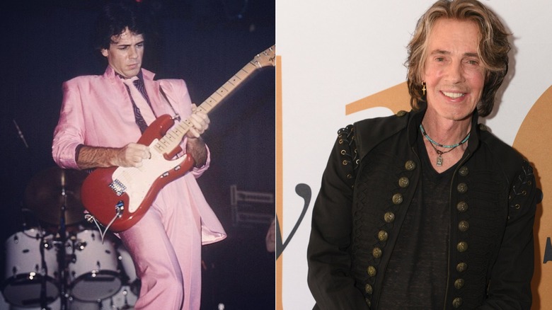 Rick Springfield performing in pink suit with guitar and Rick Springfield in black jacket with buttons