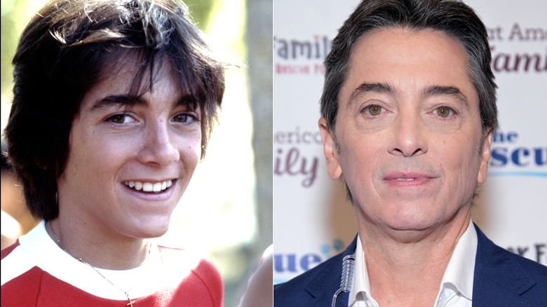 Scott Baio in red shirt with white collar smiling and Scott Baio in white shirt and blue blazer unsmiling