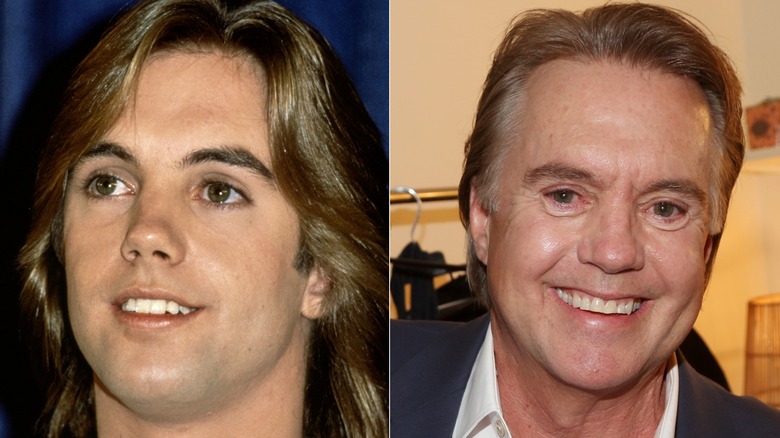 Cose up of Sean Cassidy young with long hair and Shaun Cassidy close up older in white shirt and black jacket