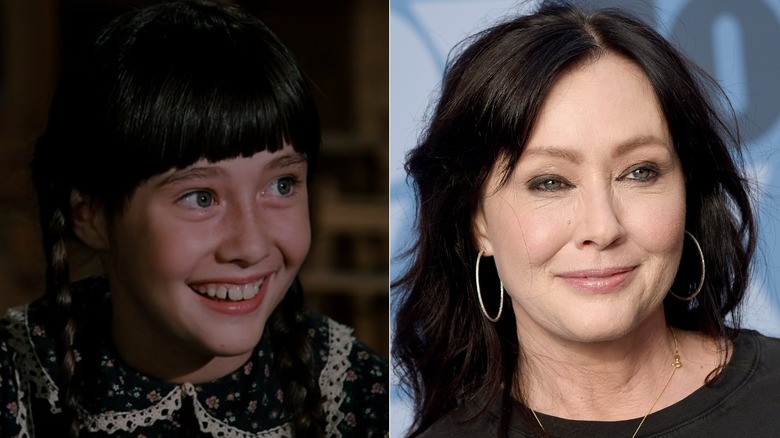 Two photos of Shannen Doherty. One from Little House on the Prairie and one from 2019.
