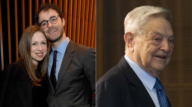 Chelsea Clinton and Marc Mezvinsky (left) smiling, George Soros smiling (right)