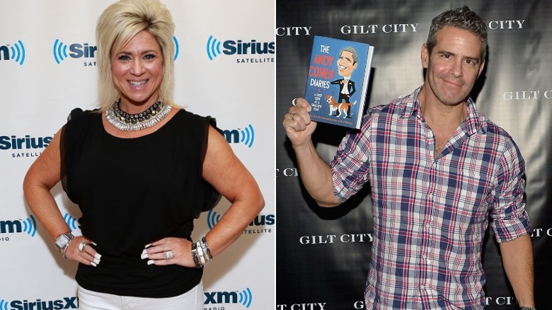 Theresa Caputo smiles on a red carpet; Andy Cohen shows off his 2014 book