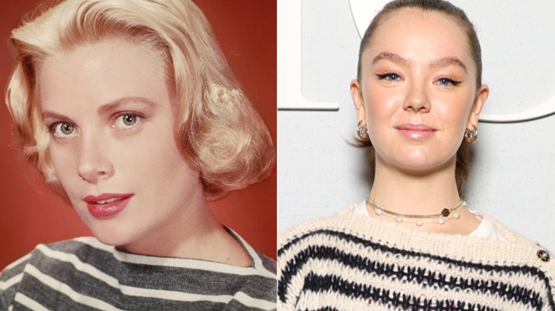 Split image Grace Kelly in mariner stripes and Princess Alexandra of Hanover in mariner stripes.