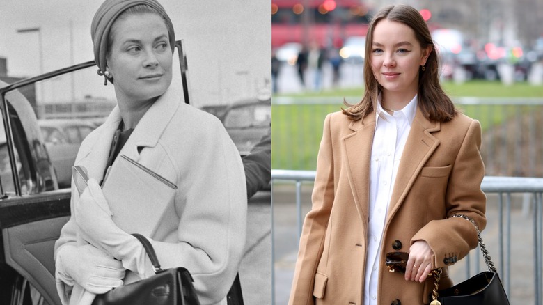 Split image of Princess Grace Kelly at a U.K. airport in 1965 and Princess Alexandra of Hanover at Fashion Week in 2023.