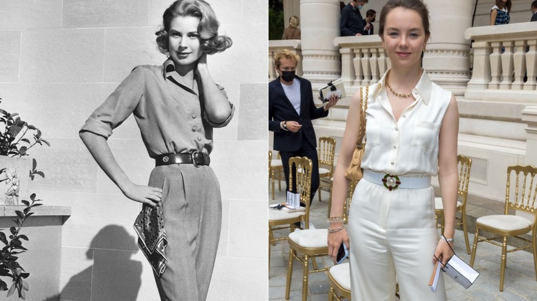 Split image Grace Kelly days before her 1956 wedding and Princess Alexandra at Paris Fashion week in 2021.