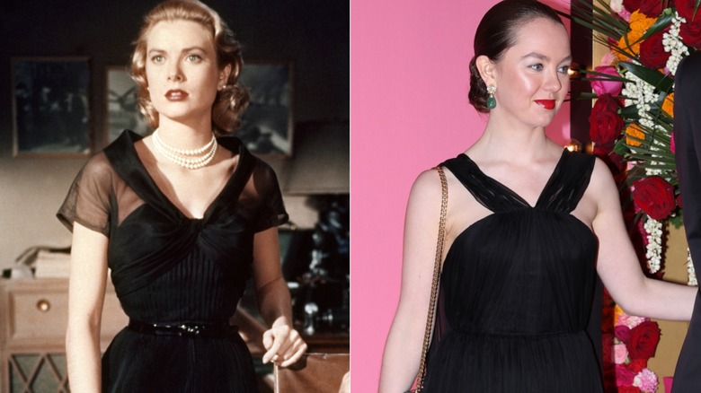 Split image of Princess Grace Kelly acting in Rear Window and Princess Alexandra of Hanover attending the 2023 Rose Ball.