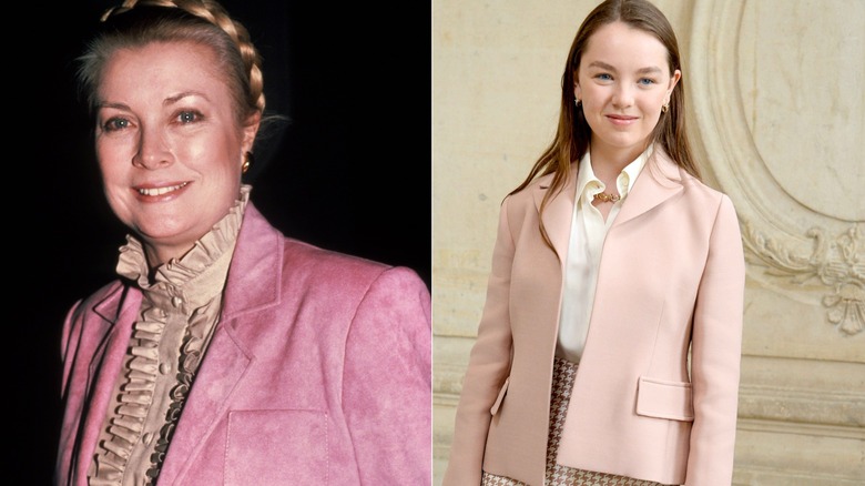 Split image of Princess Grace Kelly at a 1982 party and Princess Alexandra of Hanover at 2021 Fashion Week.