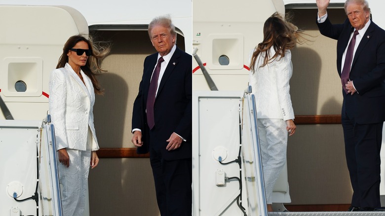 U.S. President-elect Donald Trump, Melania Trump and their son Barron board a U.S. Air Force aircraft en route to Dulles, Virginia on January 18, 2025 in West Palm Beach, Florida (2025)