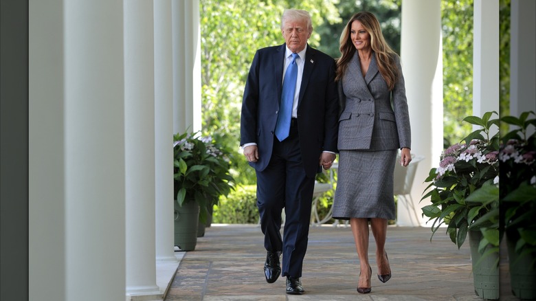U.S. President Donald Trump and first lady Melania Trump arrive at the signing ceremony for the TAKE IT DOWN Act in the Rose Garden of the White House on May 19, 2025 in Washington, DC (2025)
