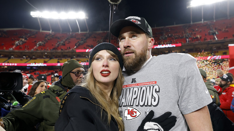 Taylor Swift and Travis Kelce during the AFC Championship Game on January 26, 2025