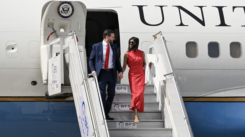JD Vance and Usha Vance deplaning in India