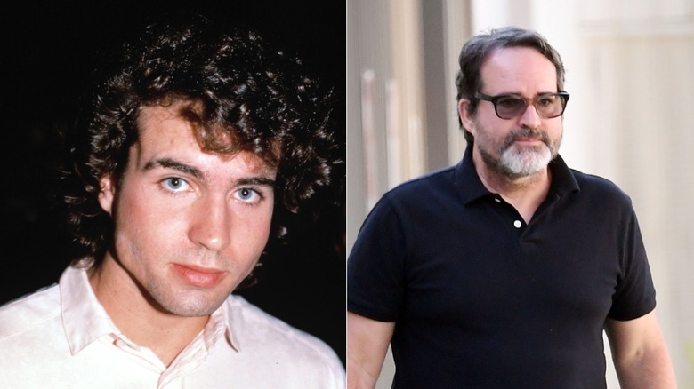 Split photo of Jason Patric with curly hair in 1986 and in 2025 with a beard