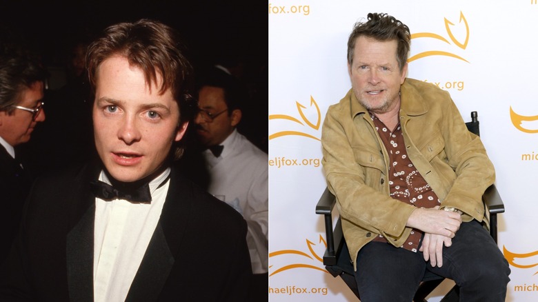 Split photo of Michael J. Fox at an Awards show in the '80s versus a Parkinson's Foundation event in 2025.