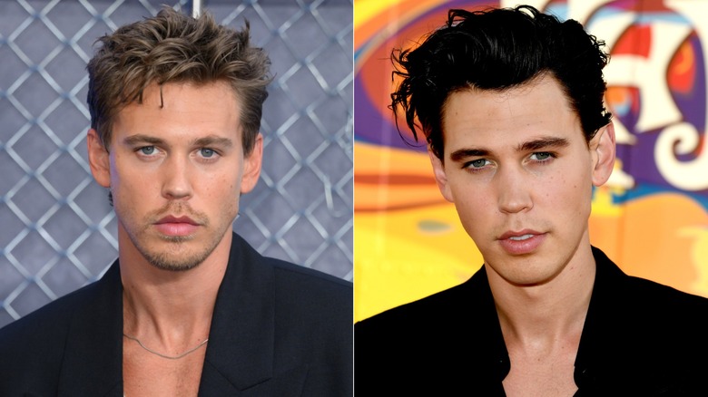 Two photos of Austin Butler. In one, he has sandy blonde hair. In the other, his hair is jet black.