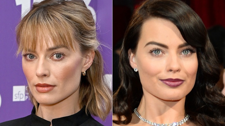 Two photos of Margot Robbie. One with her usual blonde hair, the other where she is a brunette.