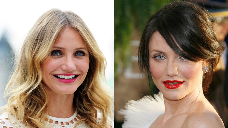 Two photos of Cameron Diaz. One with her usual blonde hair. The other she has dark hair.