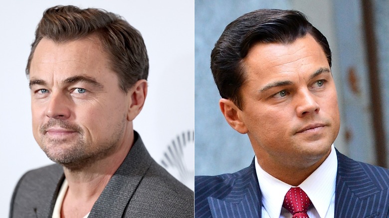Two photos of Leonardo DiCaprio. One with blonde hair, the other with black hair.