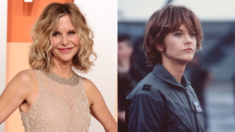 Two photos of Meg Ryan. In one, she has her blonde, wavy hair. In the other, she has a short dark bob.