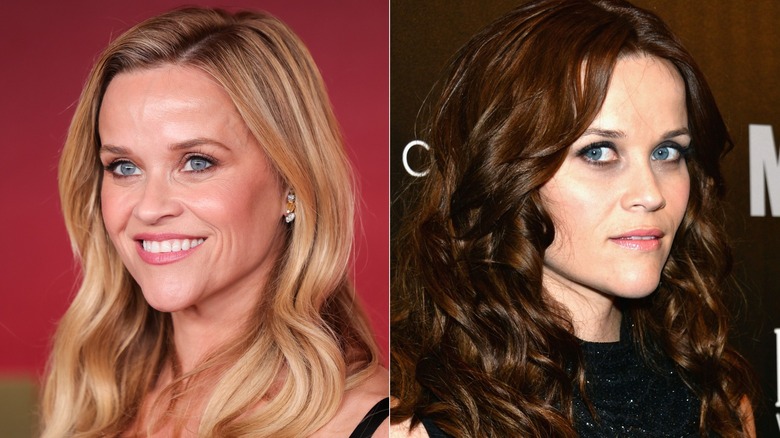 Two photos of Reese Witherspoon. One with her usual blonde hair, the other where she is a brunette.