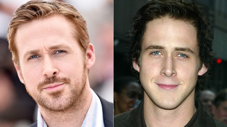 Two photos of Ryan Gosling. One with his usual blonde hair. The other he has dyed black hair.