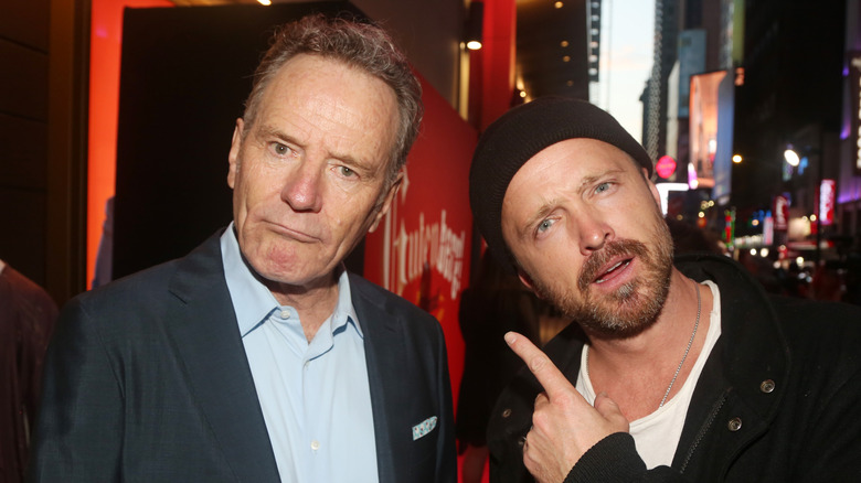 Bryan Cranston and Aaron Paul pose at the opening night of the musical "Gutenberg: The Musical" on Broadway at The James Earl Jones Theater on October 12, 2023 in New York City.