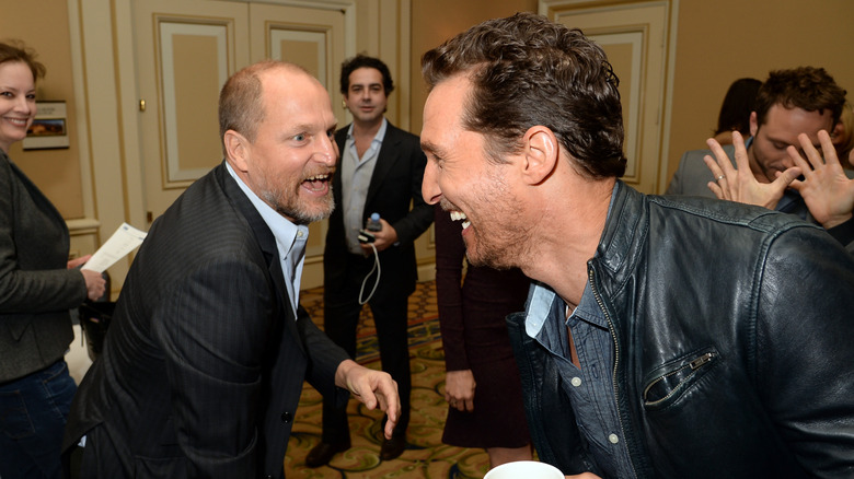 Woody Harrelson (L) and Matthew McConaughey attend the HBO Winter 2014 TCA Panel at The Langham Huntington Hotel and Spa on January 9, 2014 in Pasadena, California.