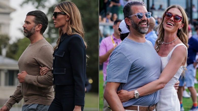 Split image of Donald Trump Jr. walking arm-in-arm with Bettina Anderson and smiling with his arm around her.